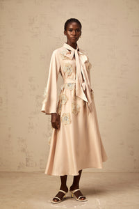 Orane tied floral-applique flared midi dress in Neutrals