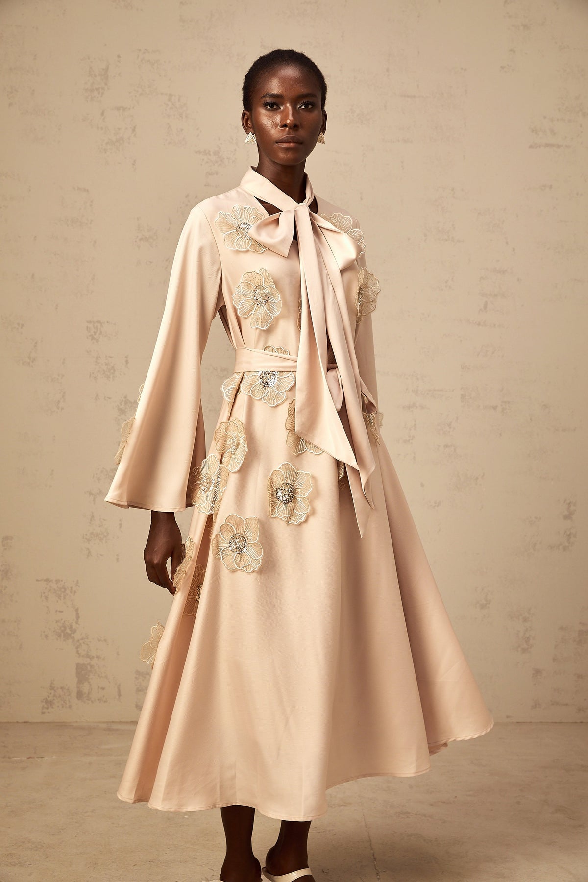 Orane tied floral-applique flared midi dress in Neutrals