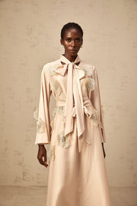 Orane tied floral-applique flared midi dress in Neutrals