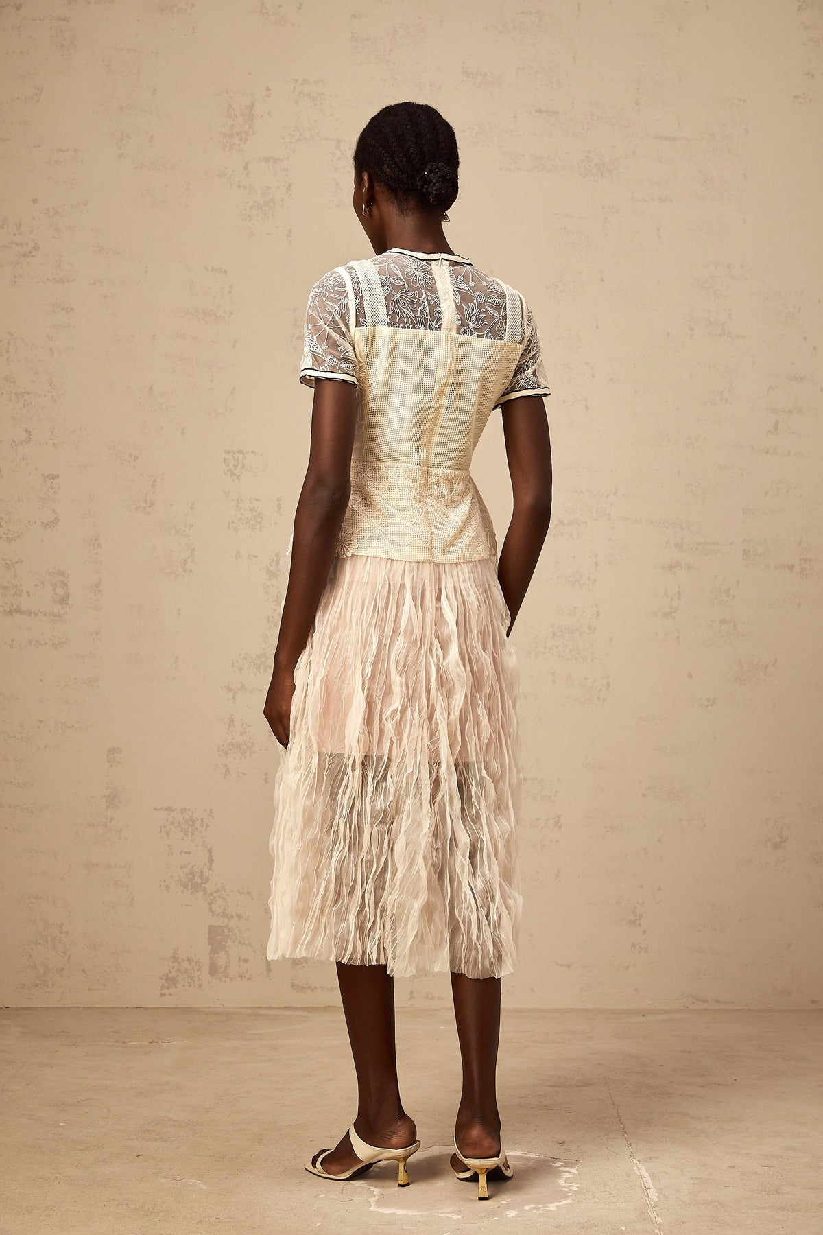 Sandrine beige embroidered tulle midi dress