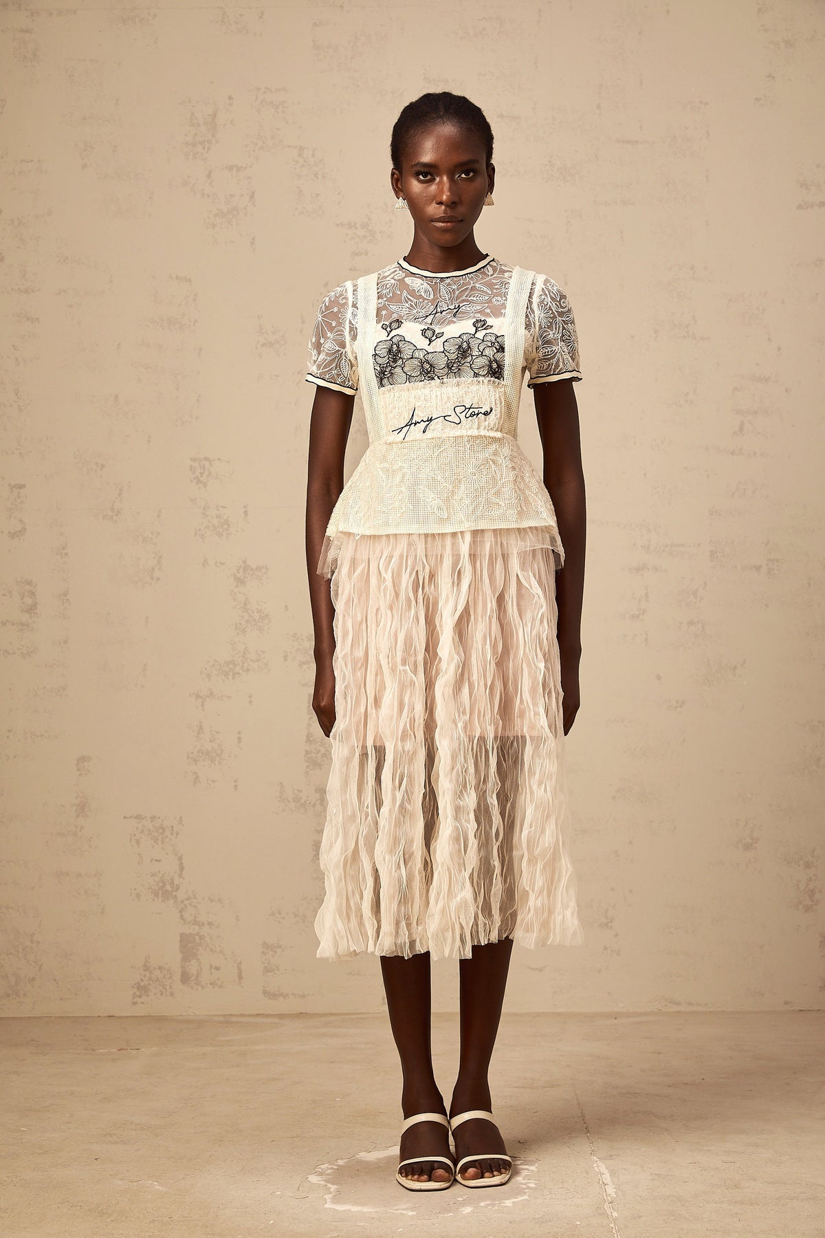 Sandrine beige embroidered tulle midi dress