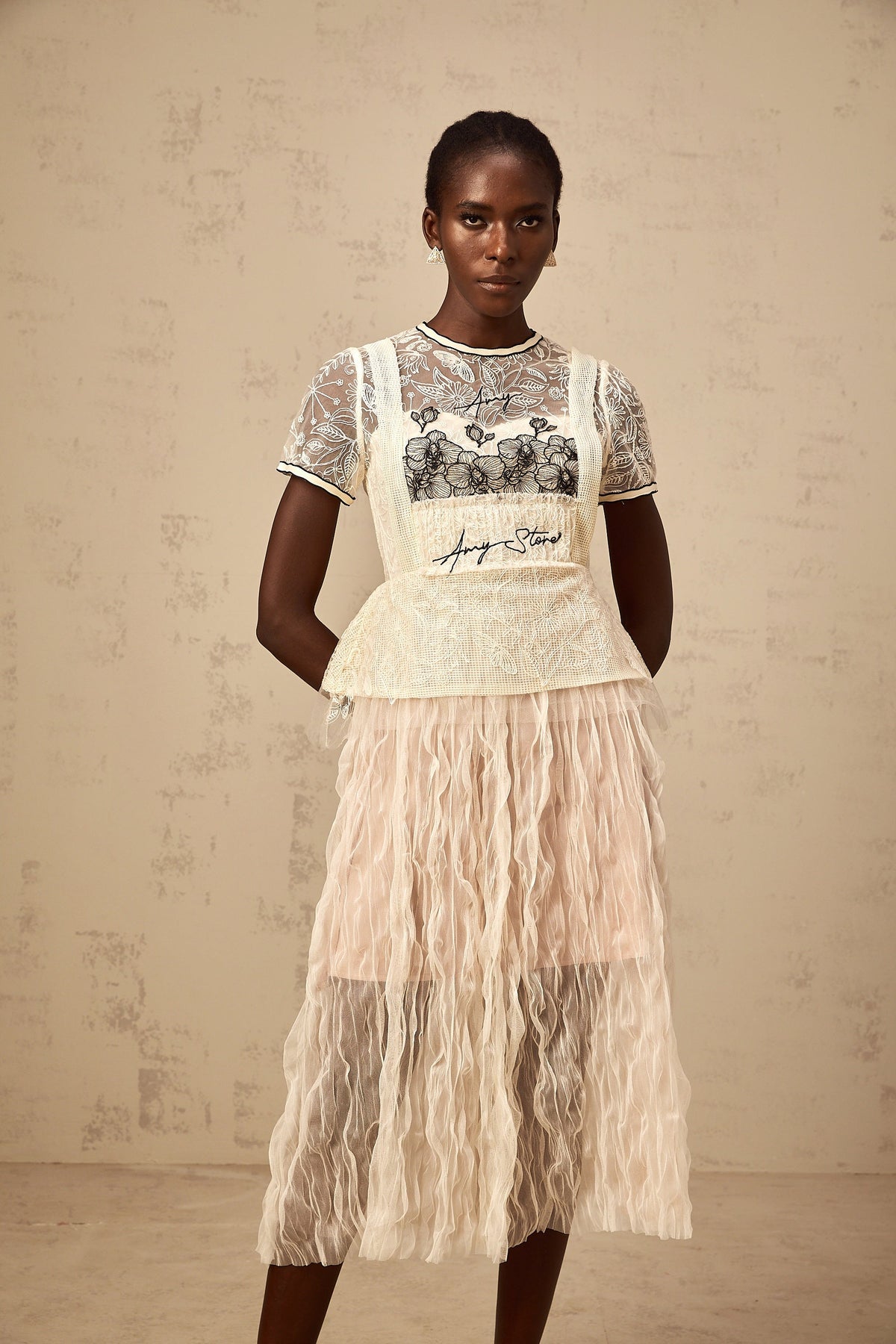 Sandrine beige embroidered tulle midi dress