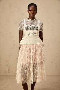 Sandrine beige embroidered tulle midi dress