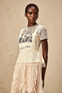 Sandrine beige embroidered tulle midi dress