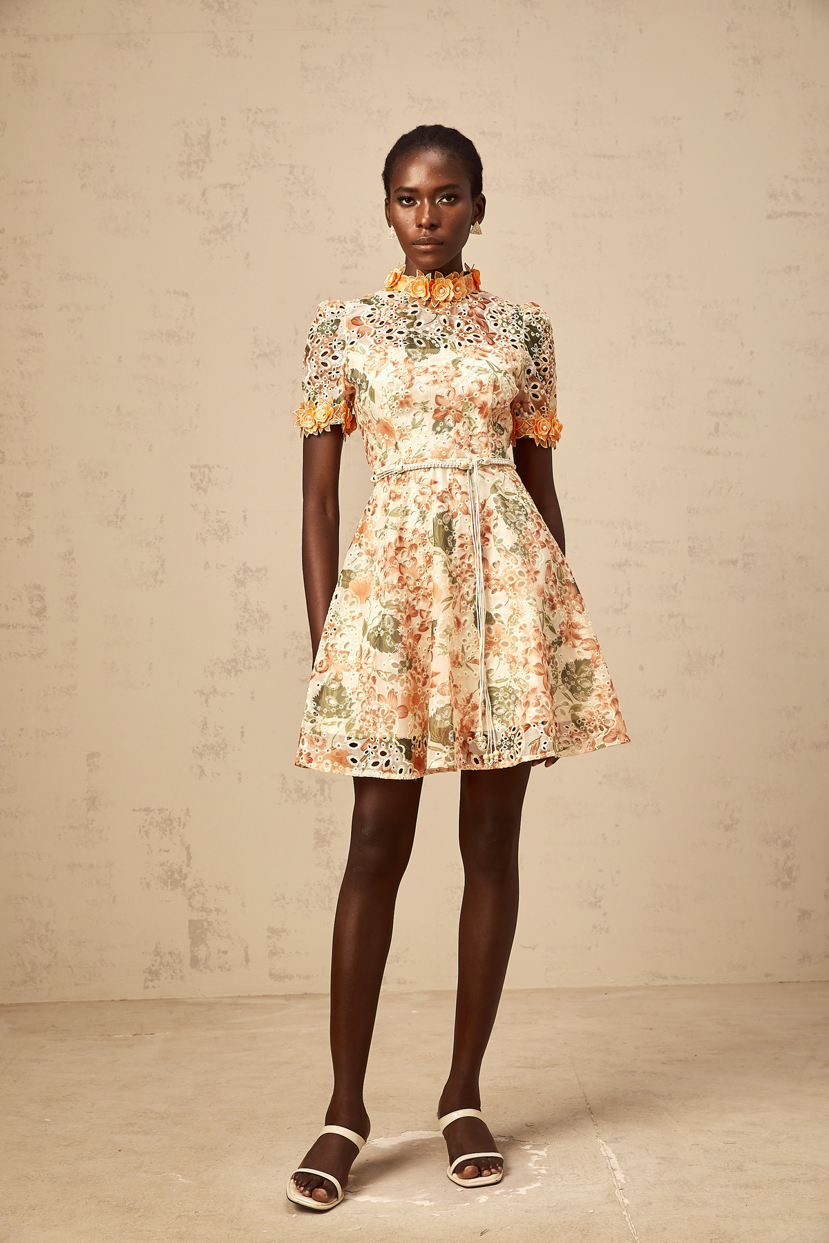 Lilou orange flower-embroidered embellished mini dress