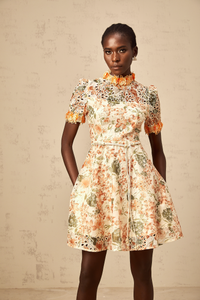 Lilou orange flower-embroidered embellished mini dress