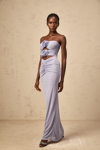 Karine lavender 3D-petal ruched corset maxi dress