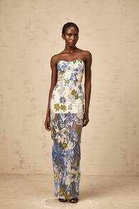 Patricia blue sequined flower-embroidered corset tulle maxi dress