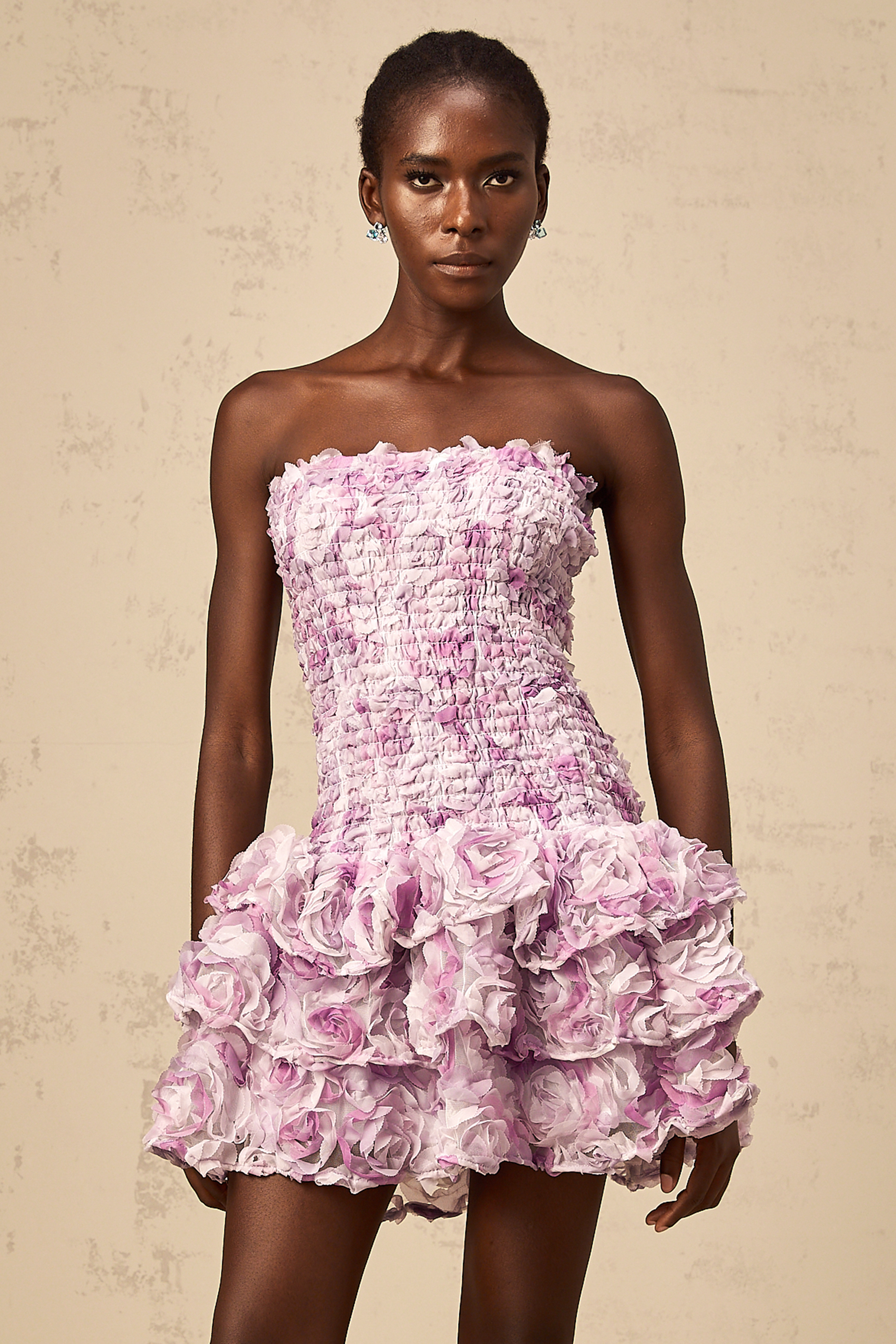 Mylène purple 3D-petal tiered tulle mini dress