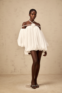 Hortense white floral-appliqué pleated tulle mini dress