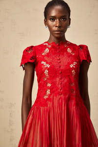 Corinne red flower-embroidered pleated mini dress