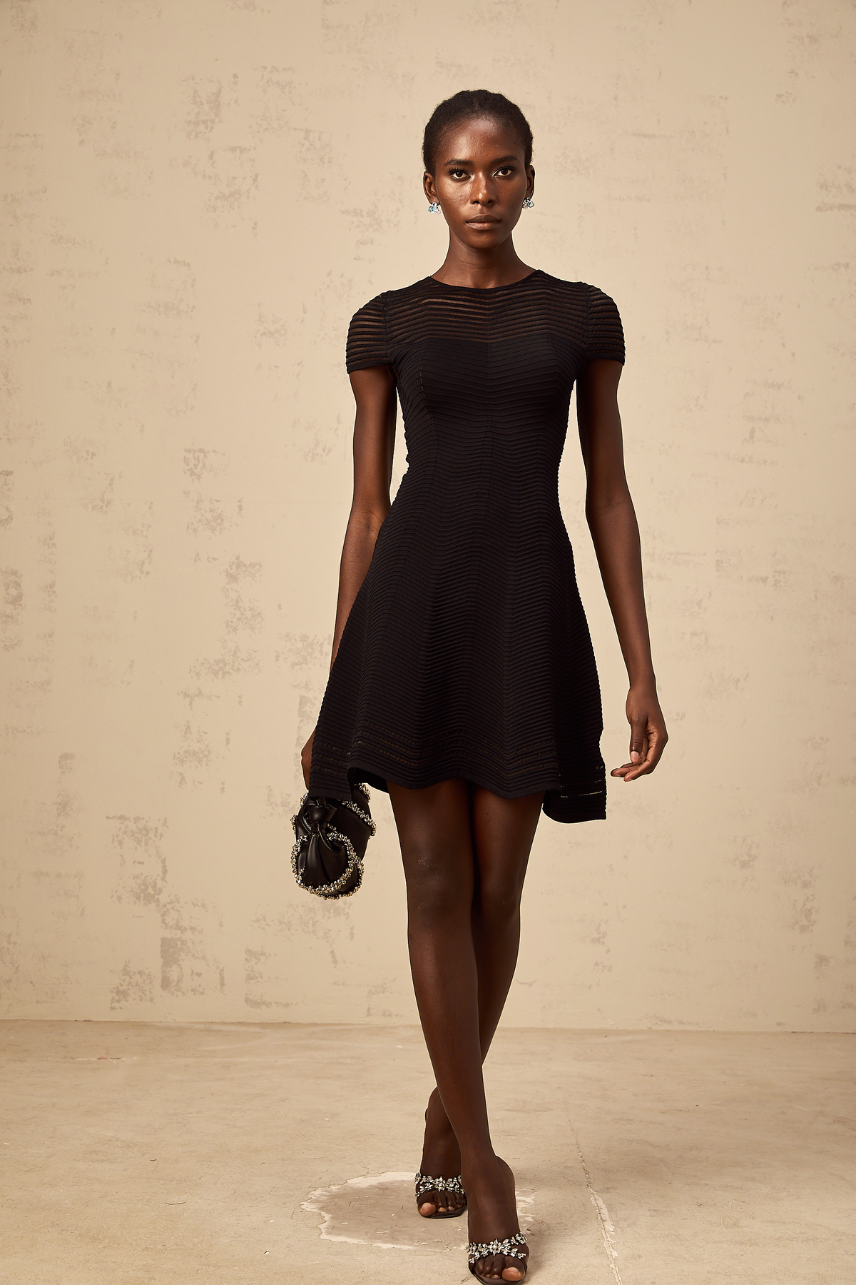 Mélisande black wavy-crochet textured mini dress