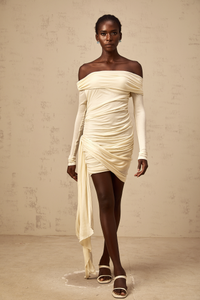 Margaux cream-white ribbon-design ruched mini dress