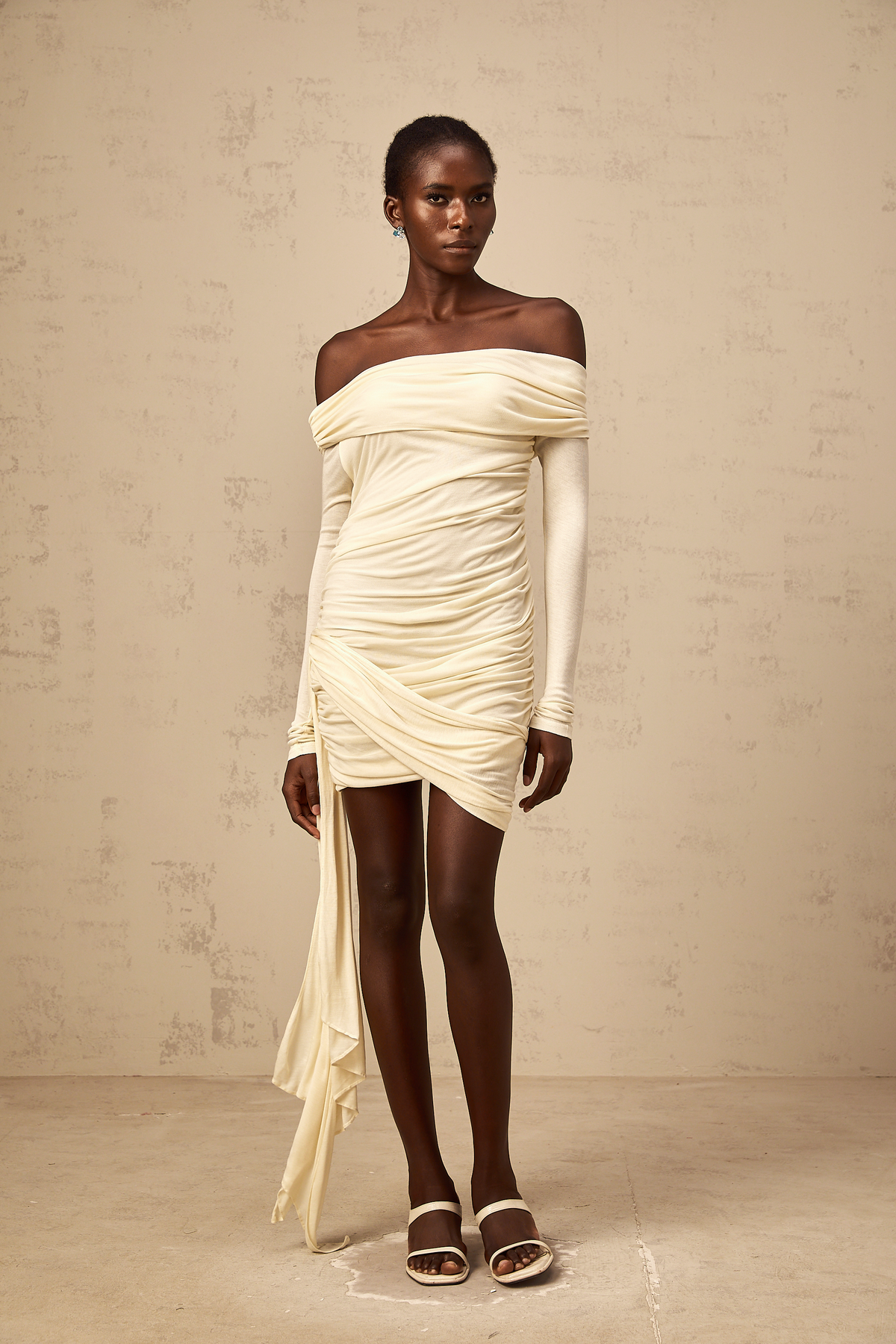 Margaux cream-white ribbon-design ruched mini dress