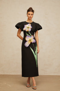 Irène sequined floral-embroidered midi dress in Black