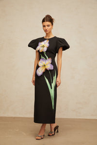 Irène sequined floral-embroidered midi dress in Black
