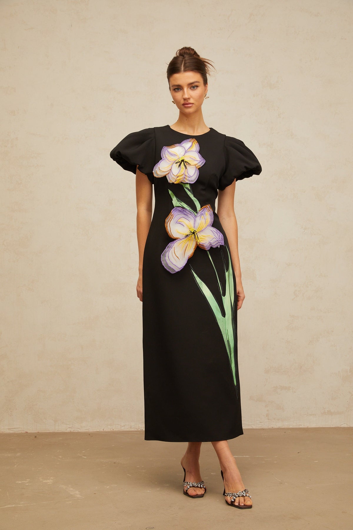 Irène sequined floral-embroidered midi dress in Black