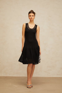 Maelle black flounced pointelle-knit mini dress