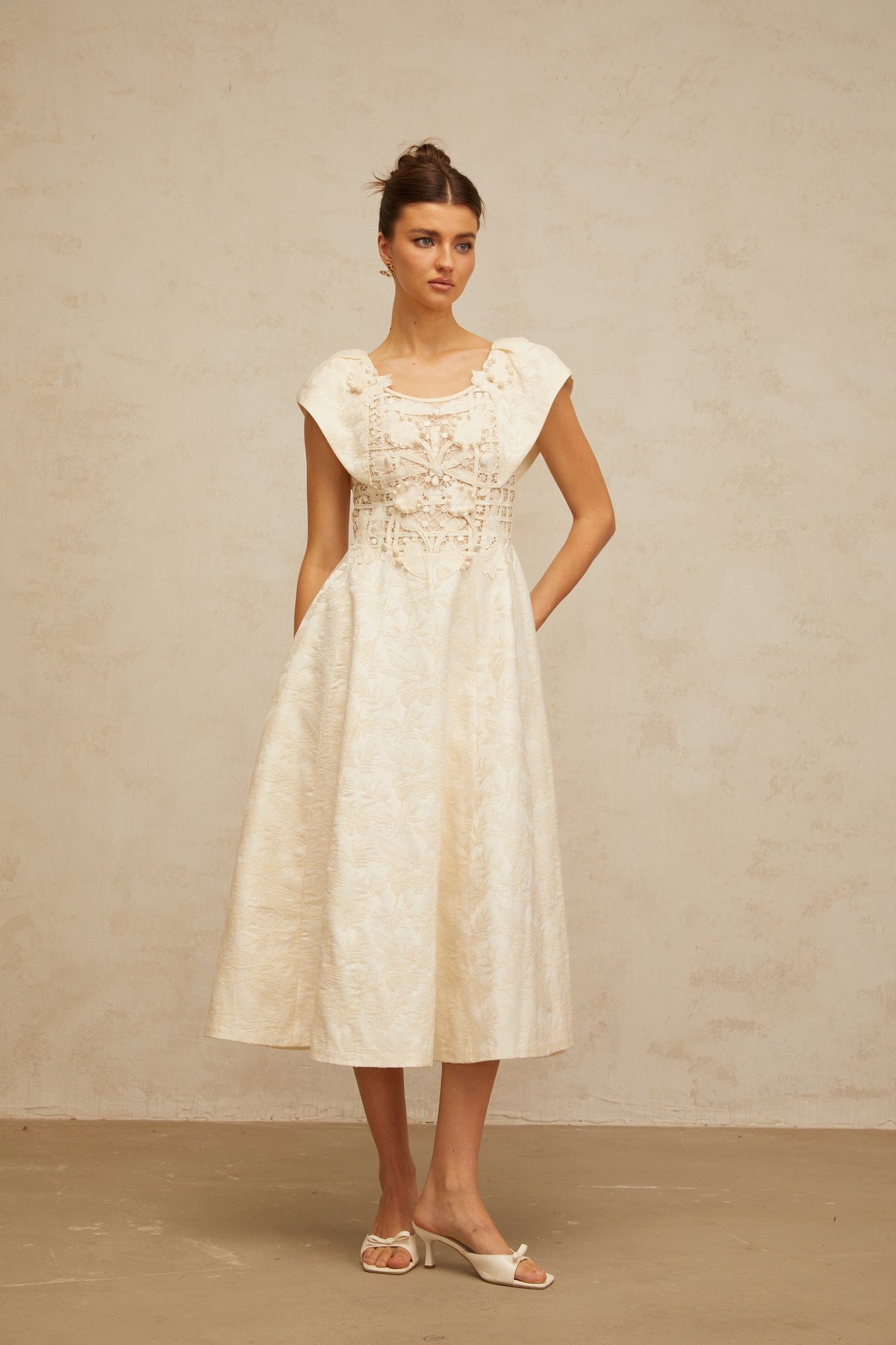 Xenia neutrals floral-embroidered embellished midi dress