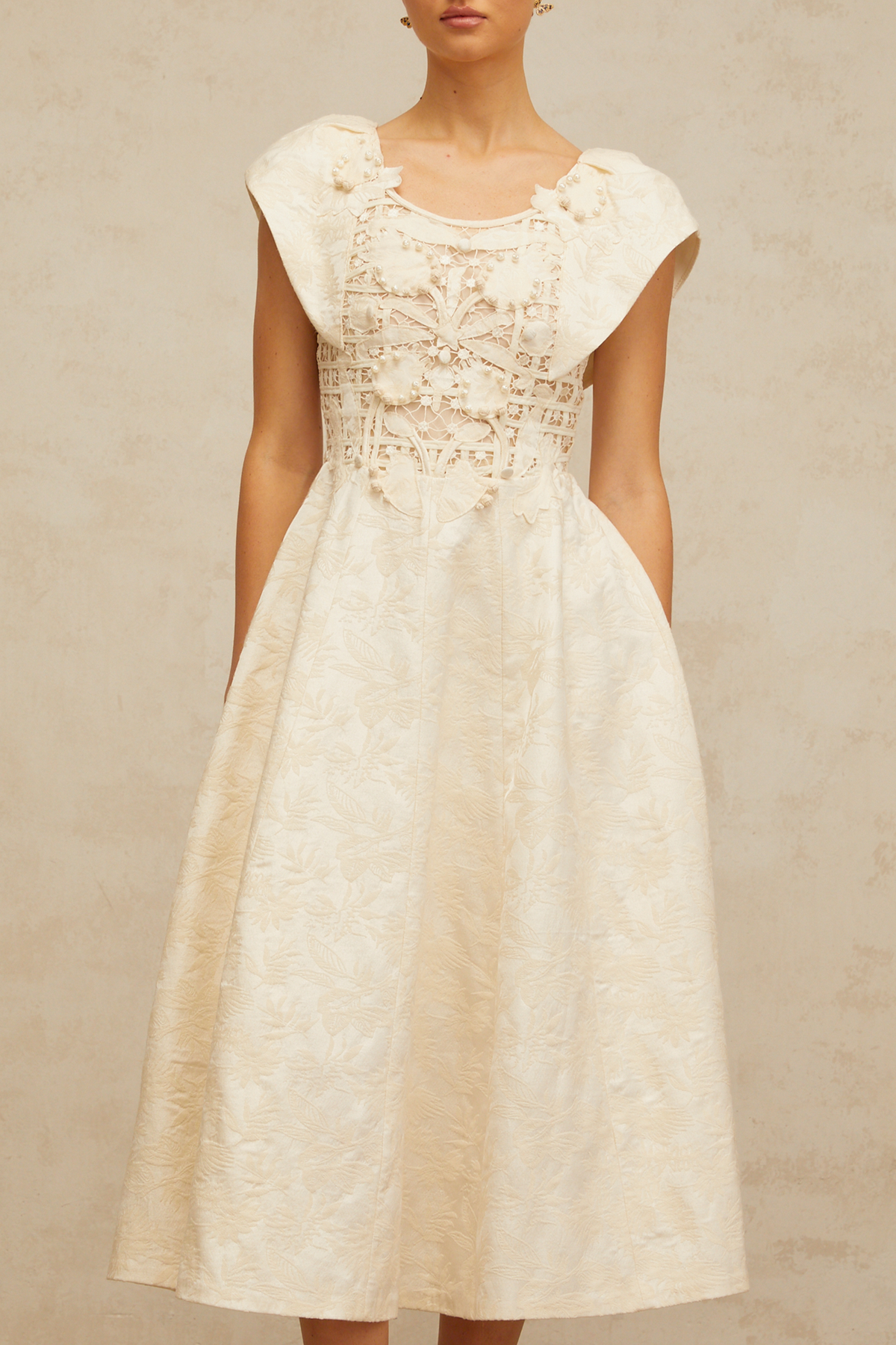 Xenia neutrals floral-embroidered embellished midi dress