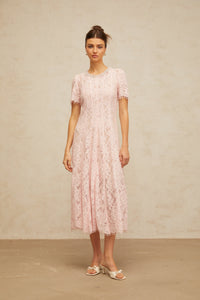 Dulcie pink embellished floral-lace midi dress