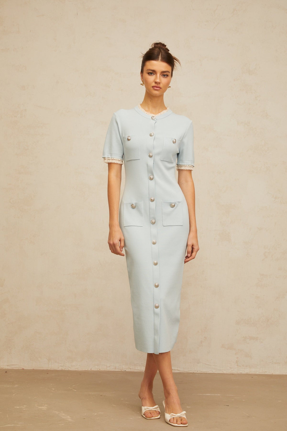 Mélisande light-blue pencil-silhouette knit midi dress
