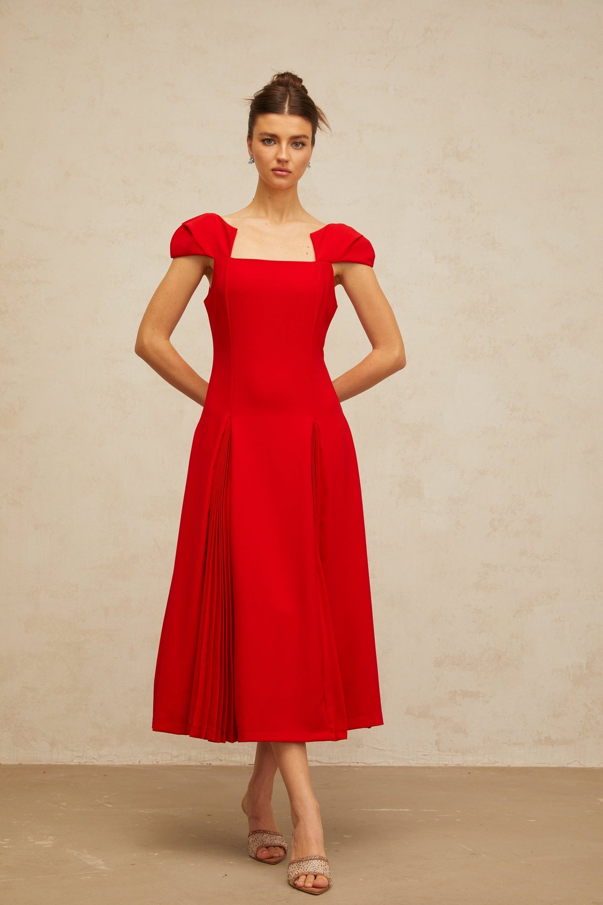 Gervaise red pleated-detail flared midi dress