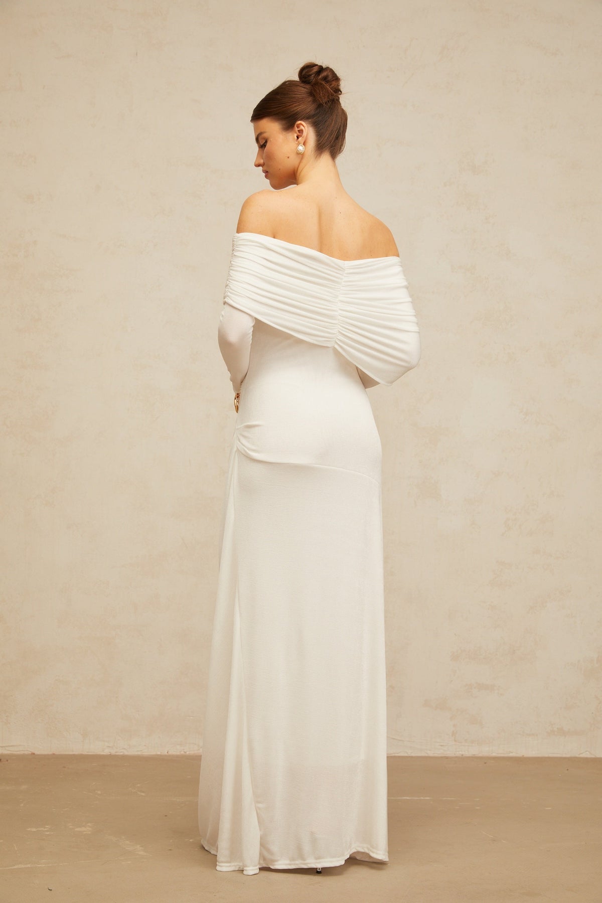 Hélène ruched fitted stretch maxi dress in White