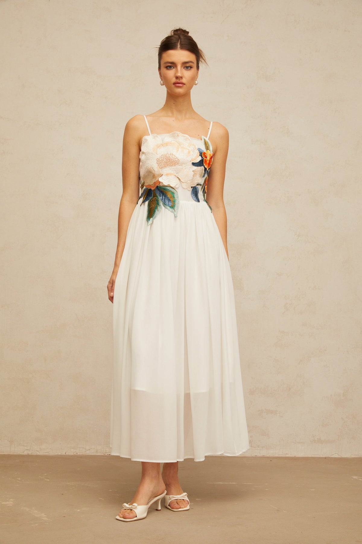 Josette floral-embroidered shirred maxi dress in White
