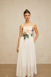 Josette floral-embroidered shirred maxi dress in White