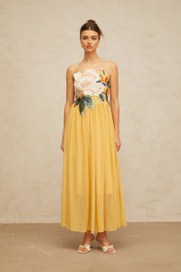 Josette floral-embroidered shirred maxi dress in Yellow