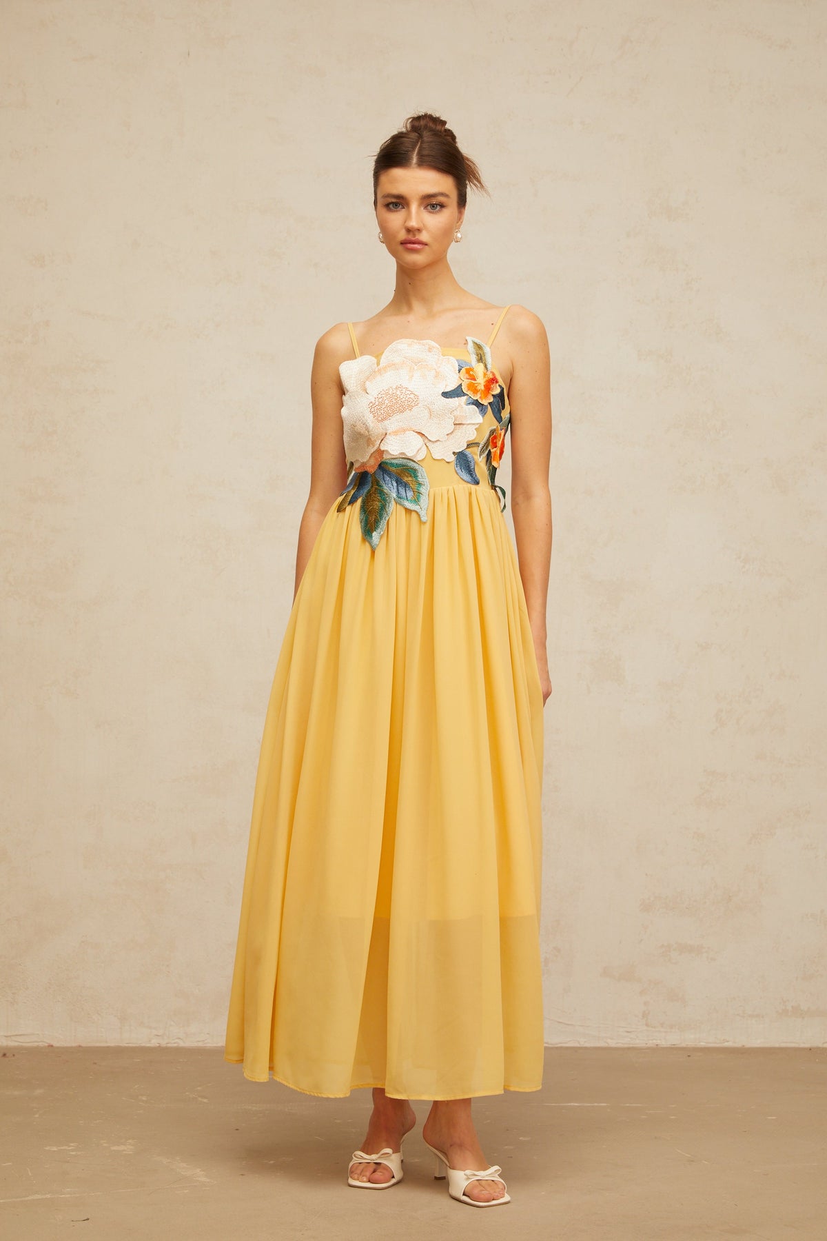 Josette floral-embroidered shirred maxi dress in Yellow