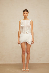 Romy white floral-appliqué ruched mini dress