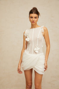 Romy white floral-appliqué ruched mini dress