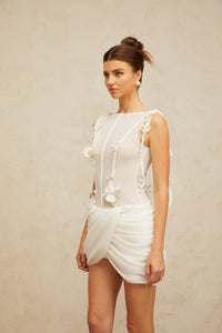 Romy white floral-appliqué ruched mini dress