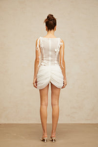 Romy white floral-appliqué ruched mini dress