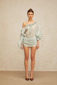 Béryl light-green ruffled-trim ruched mini dress