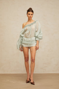 Béryl light-green ruffled-trim ruched mini dress
