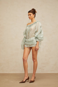 Béryl light-green ruffled-trim ruched mini dress