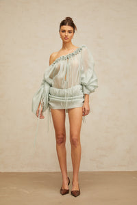Béryl light-green ruffled-trim ruched mini dress