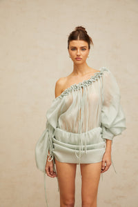 Béryl light-green ruffled-trim ruched mini dress