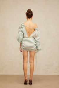 Béryl light-green ruffled-trim ruched mini dress