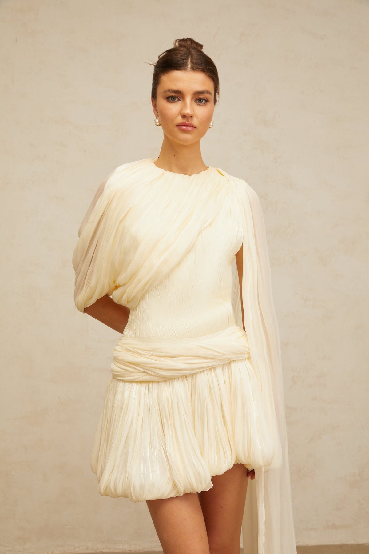 Cyrielle Pleated Mini Dress with Ribbon Design Accent
