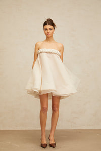 Violette white braid-detail puff mini dress