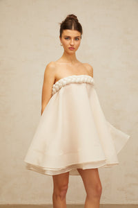 Violette white braid-detail puff mini dress