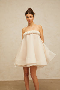 Violette white braid-detail puff mini dress