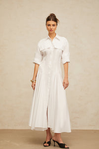 Dulcie white front-slit shirred shirt dress