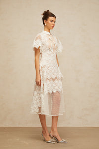 Yasmine White Floral-embroidered Midi Dress