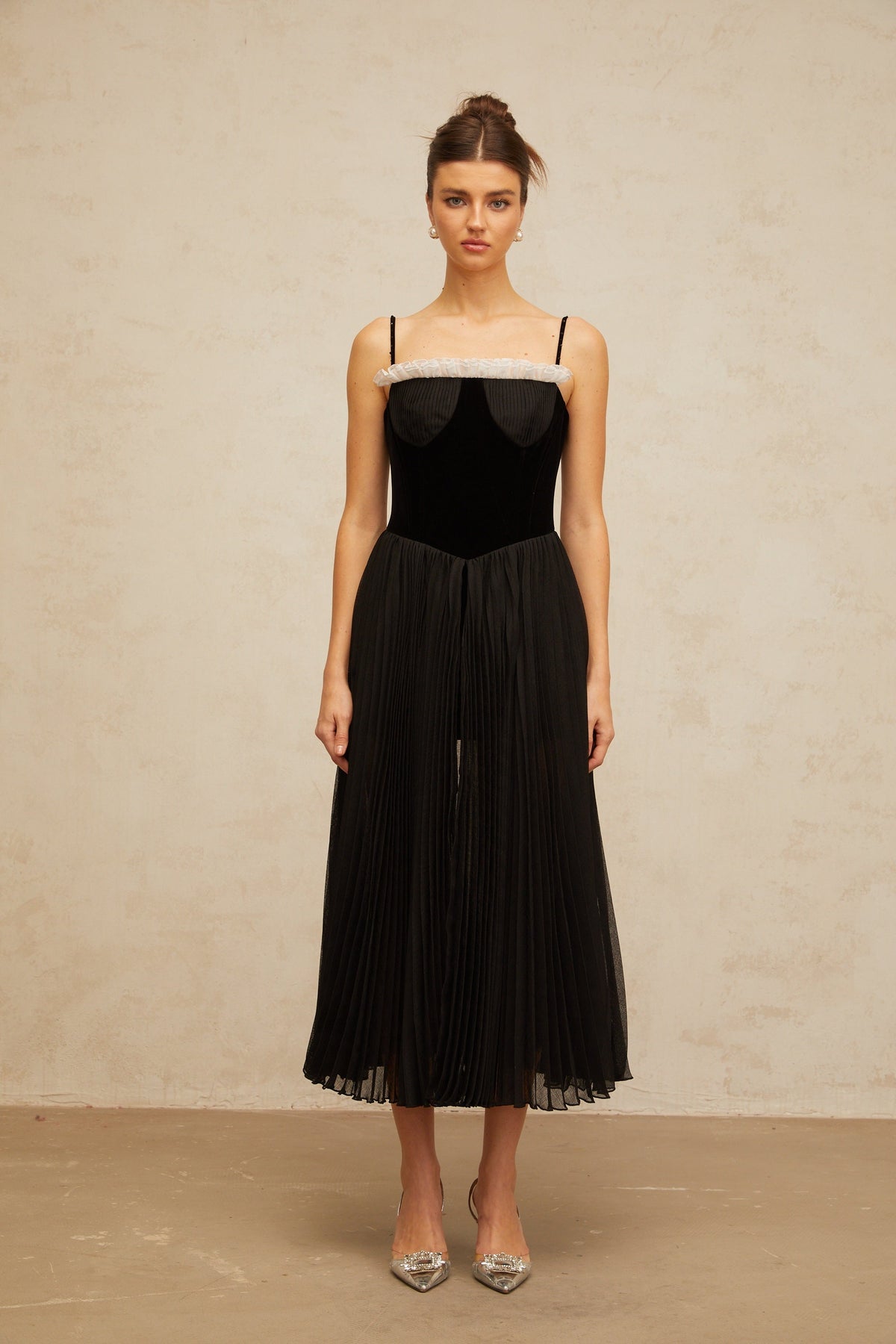 Clémence black velvet-panel pleated midi dress