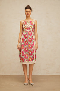 Nalini rose-pink braided floral-embroidered midi dress